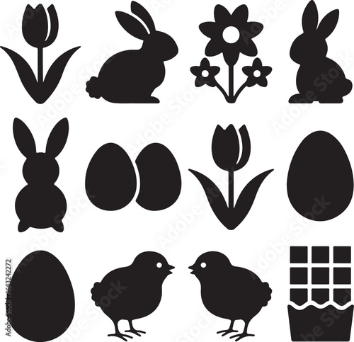 Set of minimalist black Easter icons. Vector silhouettes of a bunny, chick, egg, tulip, and chocolate for a spring celebration.