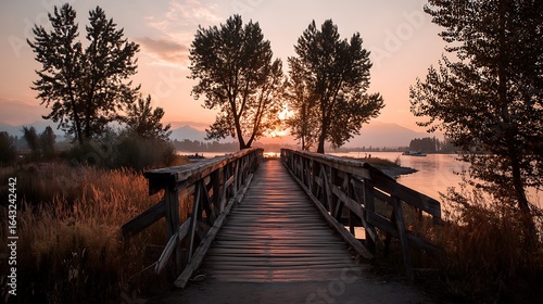 A bridge along a path of freedom  discovering tranquility and hope at sunset. Walk towards the golden light  embracing self-discovery and personal growth 