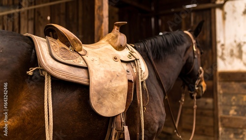 Brown horse with western saddle