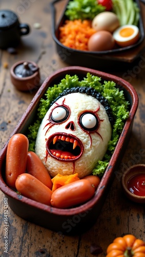 Creative Halloween Themed Bento Box with Spooky Egg Decoration