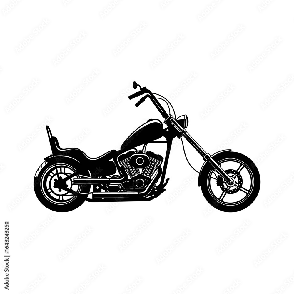 Fototapeta premium Striking black and white vector illustration of a classic chopper motorcycle, showcasing its iconic design and powerful aesthetic against a clean backdrop.