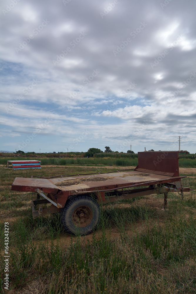 Fototapeta premium Neglected farm trailer under a cloudy sky.