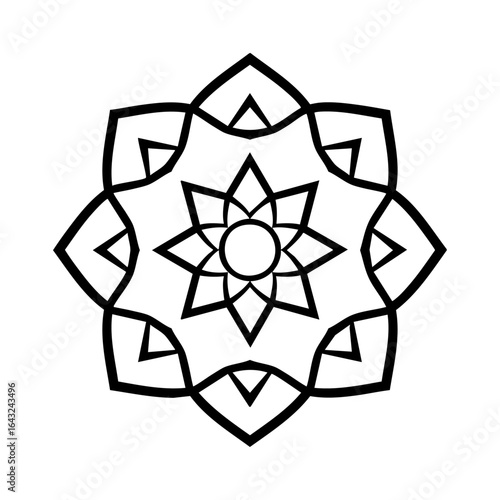 Geometric mandala black outline symmetry, perfect for coloring books, tattoo design, meditation, mindfulness, and creative art projects.