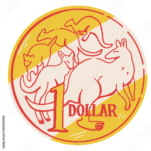Hand-drawn artistic illustration of a golden one-dollar coin featuring a mob of jumping kangaroos, isolated on a white background