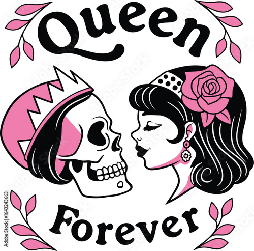 Logotipo Gótico Femenino con Calaveras y Rosas – "QUEEN FOREVER" en Rosa y Negro