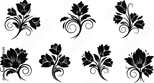 Black floral ornamental elements with swirling vines and buds flower decorative
