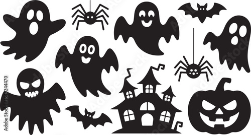 Collection of black Halloween silhouette icons featuring ghosts, spiders, bats, a haunted house, and a jack-o'-lantern.