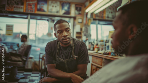 Barber speaks to client in neighborhood barbershop.