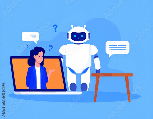 Woman interacting with a friendly robot via laptop for customer service support