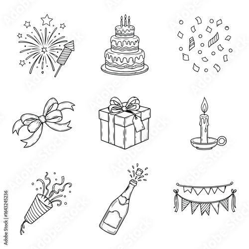 Art of collection of birthday and celebration icons isolated on white background