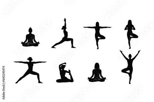 Collection of eight black female yoga pose silhouettes on white background woman
