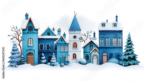 A cute, whimsical blue Christmas watercolor illustration, capturing the essence of winter and the holiday spirit in a charming, artistic style.