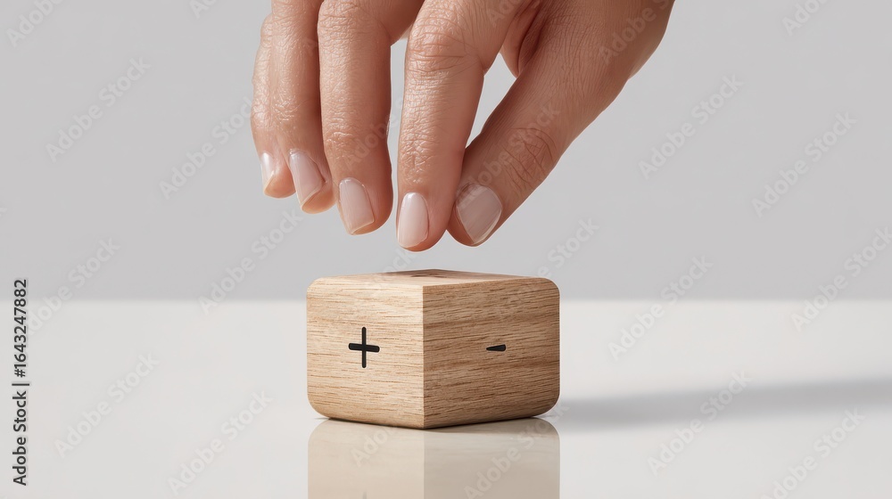 Obraz premium Hand hovers above wooden cube with plus and minus signs for simple control interface use