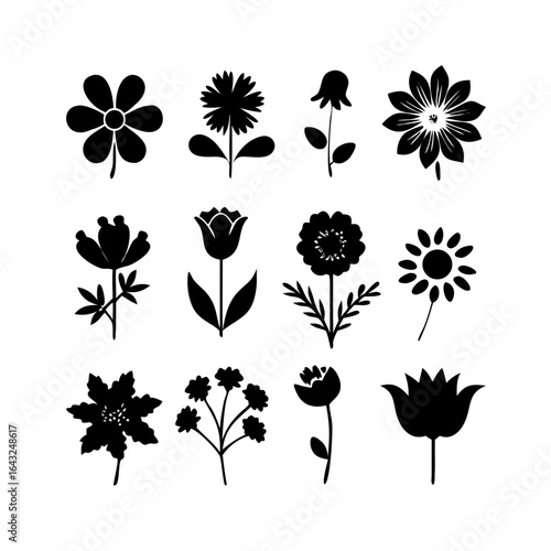 Flower, botanical icon set. Vector glyph pictograms of rose, tulip, daisy, lotus, sunflower garden, lily, hibiscus, cherry blossom, carnation peony black silhouette ... See More