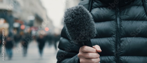 Person holds microphone with furry windscreen during street interview or reporting event