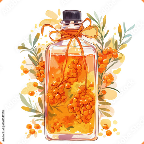 Vector illustration of sea buckthorn oil in glass bottle with tag and berries, isolated on white background