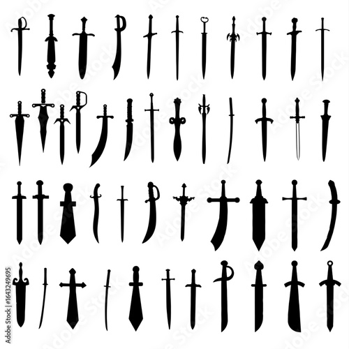 Collection of diverse medieval sword silhouettes;  black and white, stark graphic style;  powerful, dramatic mood for game design.