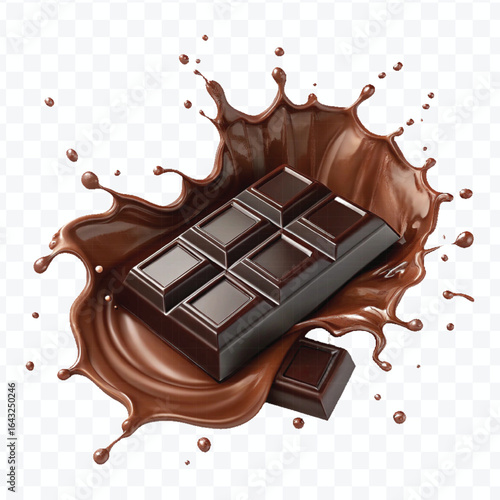 realistic 3d dark chocolate bar into liquid chocolate splash with bubbles in curve style isolated on transparent background