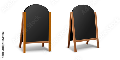 Blank black sidewalk advertising stand, sandwich board with wooden frame