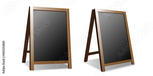 Black blank sidewalk advertising stand, sandwich board with wooden frame
