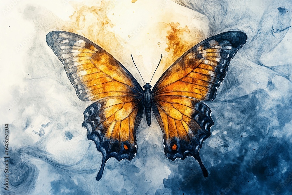 Obraz premium Watercolor butterfly with wings dissolving into air captures vibrant colors in motion
