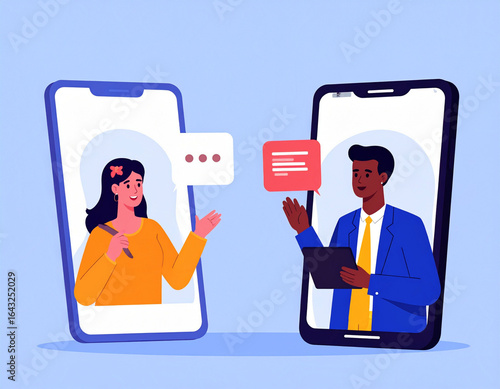 Two people communicating via video call on their smartphones with chat bubbles