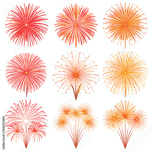 Colorful firework displays in various shapes and colors against a white background.