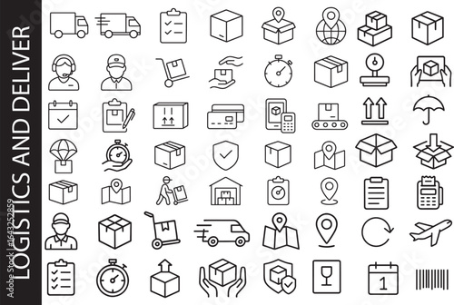 Logistics and Deliver icon set. Collection of line art symbols for shipping, e--commerce, and supply chain. Includes truck, package, map, and tracking icons.