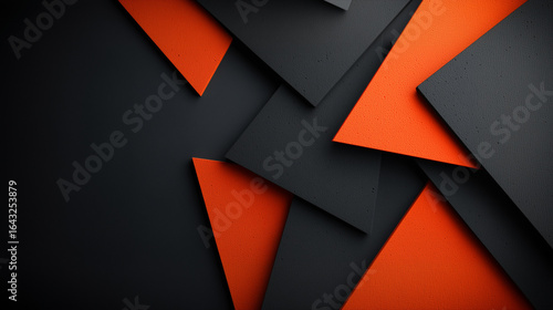 An abstract geometric background of layered black and orange textured paper with copy space for design