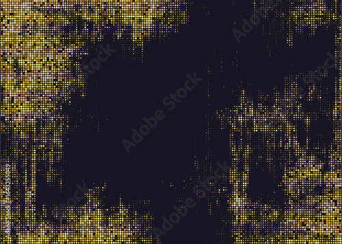 Abstract gold halftone circles luxury pattern consists of different dots isolated on dark background. 
