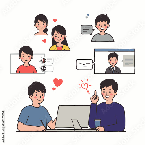 This illustration portrays contemporary social interactions, including online dating, video calls, and in-person talks, emphasizing diverse human connections.
