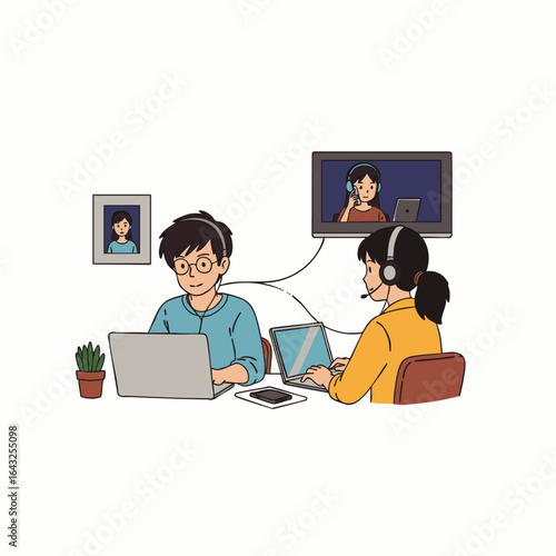 A modern illustration portraying a man and woman collaborating remotely through a video call, highlighting the efficiency of virtual communication and online work.