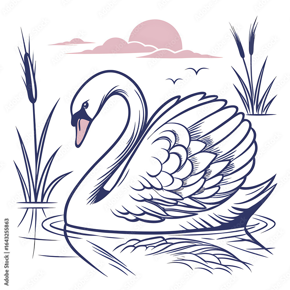 Obraz premium Illustration of a swan swimming in a lake with reeds and a sunset