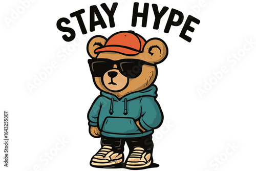 Cartoon bear wearing sunglasses and a hoodie promotes a fun and stylish attitude in urban fashion