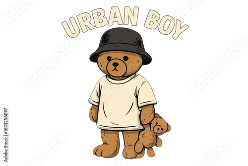 Cute cartoon bear character dressed in casual urban attire with a matching small bear companion, showcasing street style