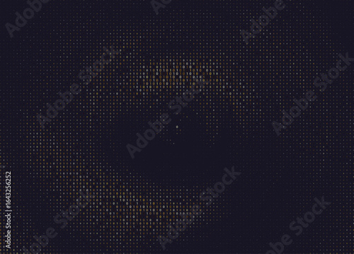 Abstract gold halftone circles luxury pattern consists of different dots isolated on dark background. Geometric shape elements for presentation design, gift card or greetings