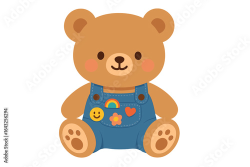 Cute cartoon bear in denim overalls with a rainbow and smiley face