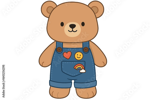Cute cartoon bear wearing denim overalls with colorful patches and a cheerful expression in a playful design