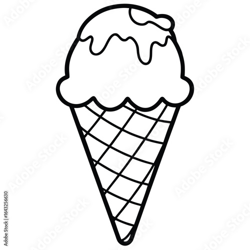 Black and white ice cream cone illustration. Outline graphic isolated on white background.