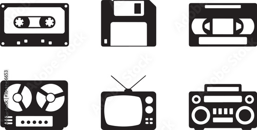 Vintage technology icons cassette floppy disk vhs reel to reel television boombox vector