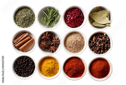 A collection of various spices and herbs in small bowls, isolated on transparent background