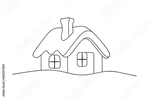 Minimalist single line drawing a snow covered house with chimney windows home winter