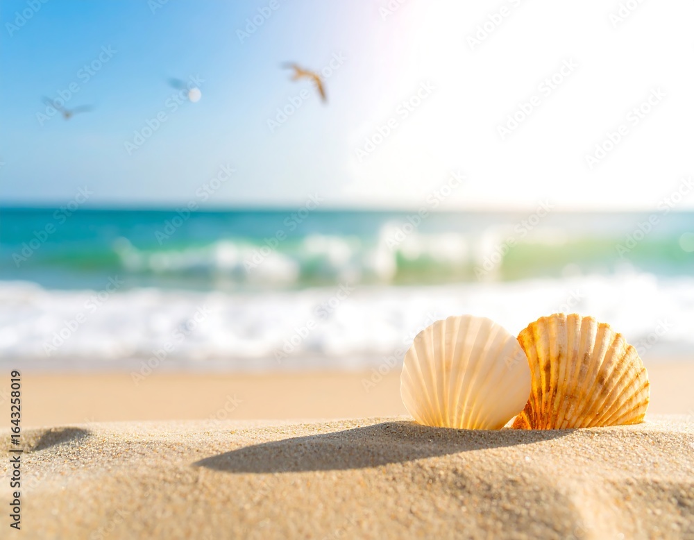 Obraz premium Seashells on sandy beach, ocean background