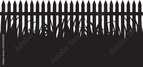 Simple picket fence silhouette with tall grass black color vector illustration on white background