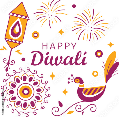 Happy Diwali Decorative Elements with Fireworks and Peacock