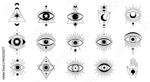 Mystical Eye Vector Set with Esoteric Symbols, Crescent Moons, Stars, and Sacred Hands in Black and White Style
