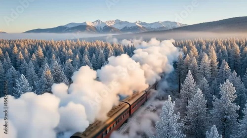 Golden Hour Aerial of a Steam Train Powering Through a Breathtaking Snowy Mountain Wilderness.