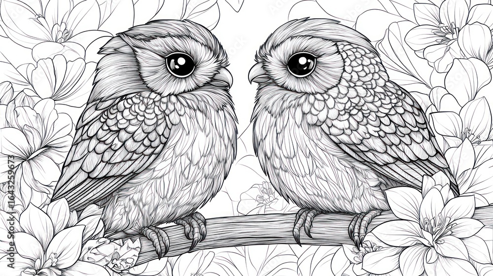 Fototapeta premium Two owls perched on branch amidst blooming flowers; coloring book page
