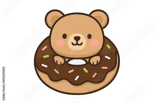Cute bear character surrounded by chocolate donut with colorful sprinkles during a playful illustration session