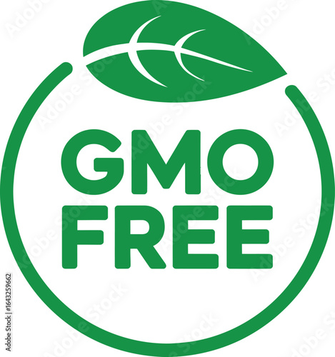 GMO Free Organic Food Label Icon with Green Leaf and Eco Friendly Circle Design